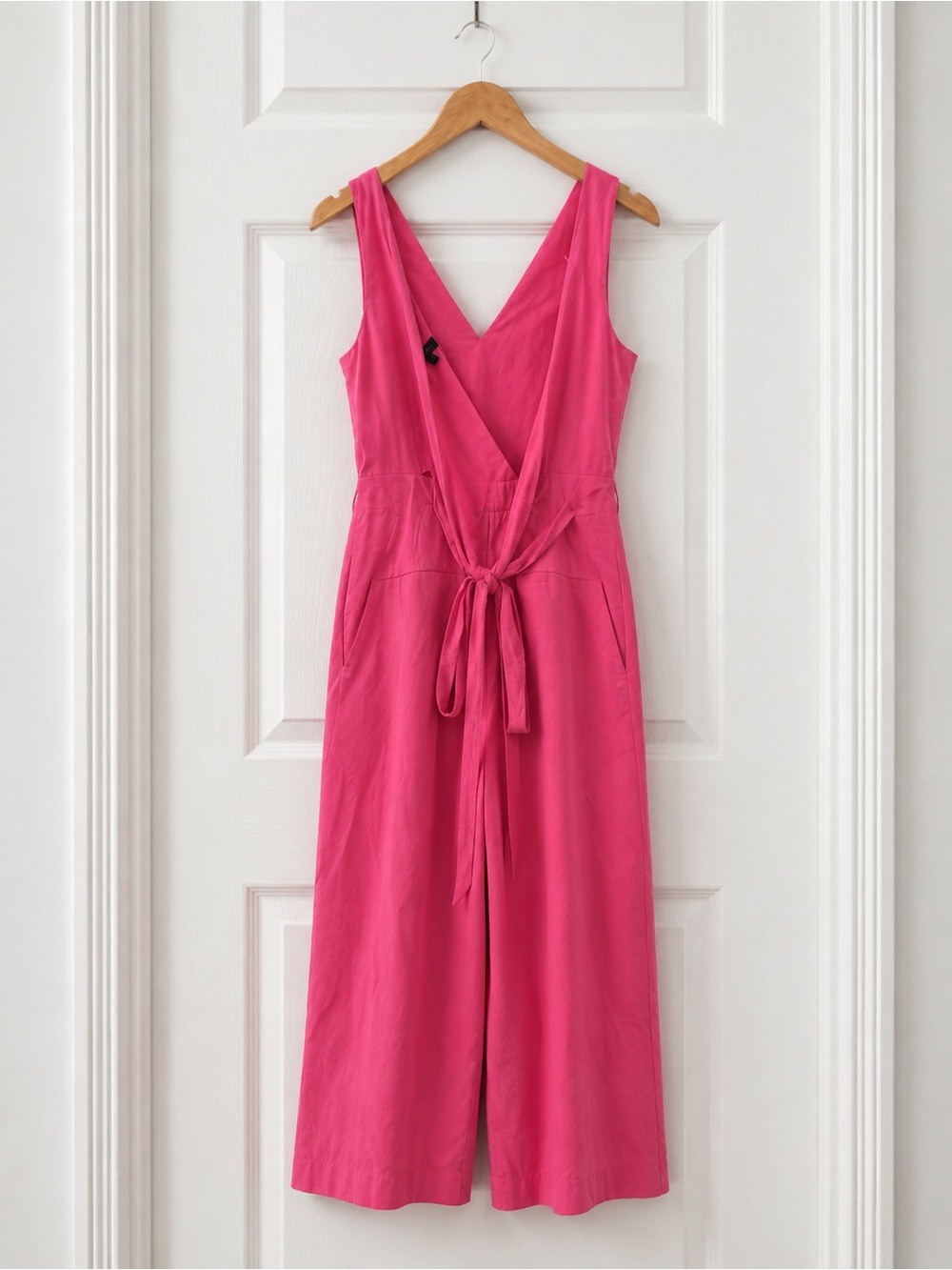 J. Crew Wrap Tie Sash V-Neck Pink Coral Poplin Wide Leg Jumpsuit Size 4 - Picture 5 of 9